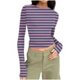 thumbnail image 3 of T-Shirts for Women Long Sleeved Round Neck Printing Slim Tight Fitting Pit Stripe Top for Women, 3 of 7