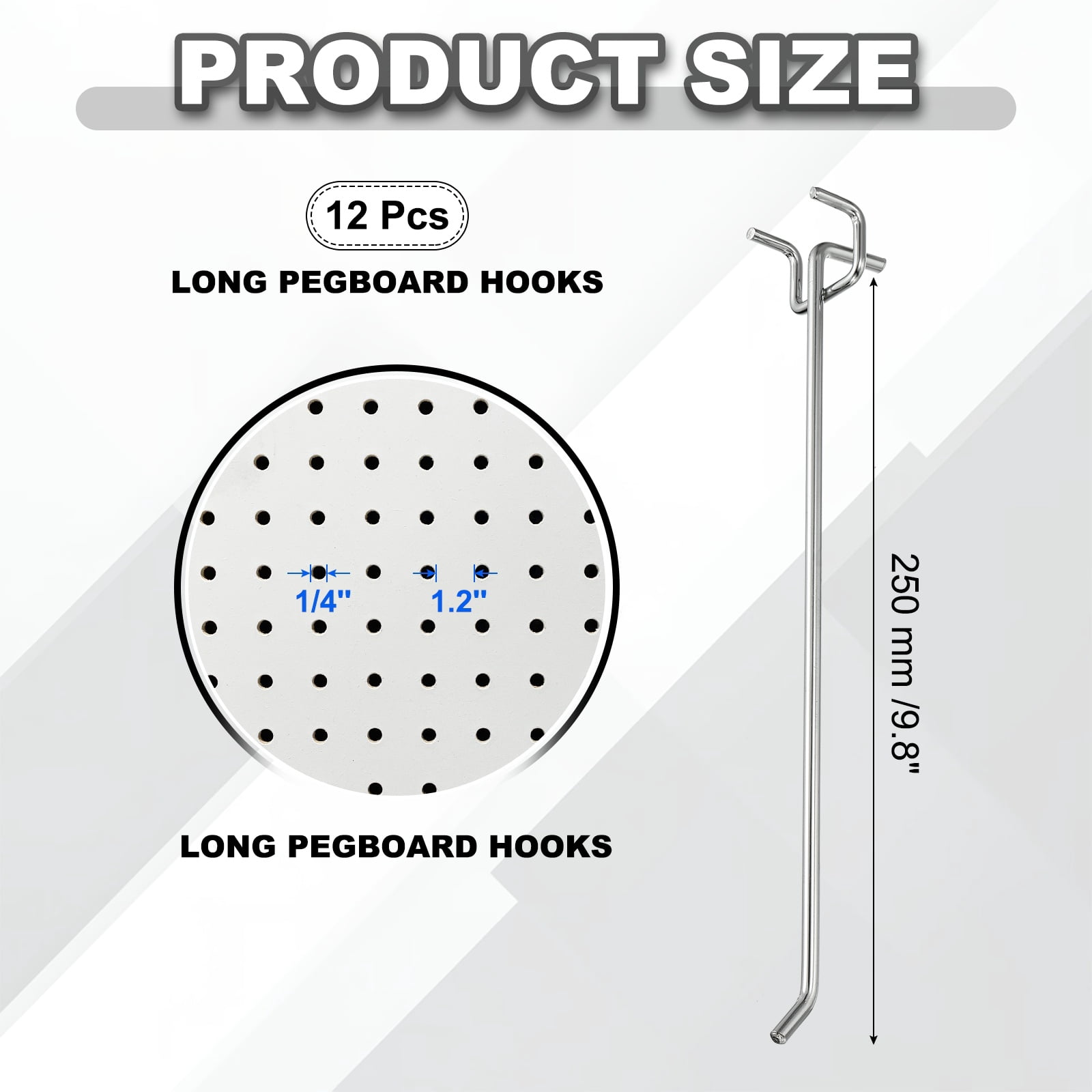 Uxcell 12 Pcs Pegboard Hooks,  9.8 Inch Peg Board Hooks Kit Fit 1/5" Pegboard Garage for Hanging Shelving Tool Storage Craft Organizing, Silver Tone (1.2mm Hole Dia)