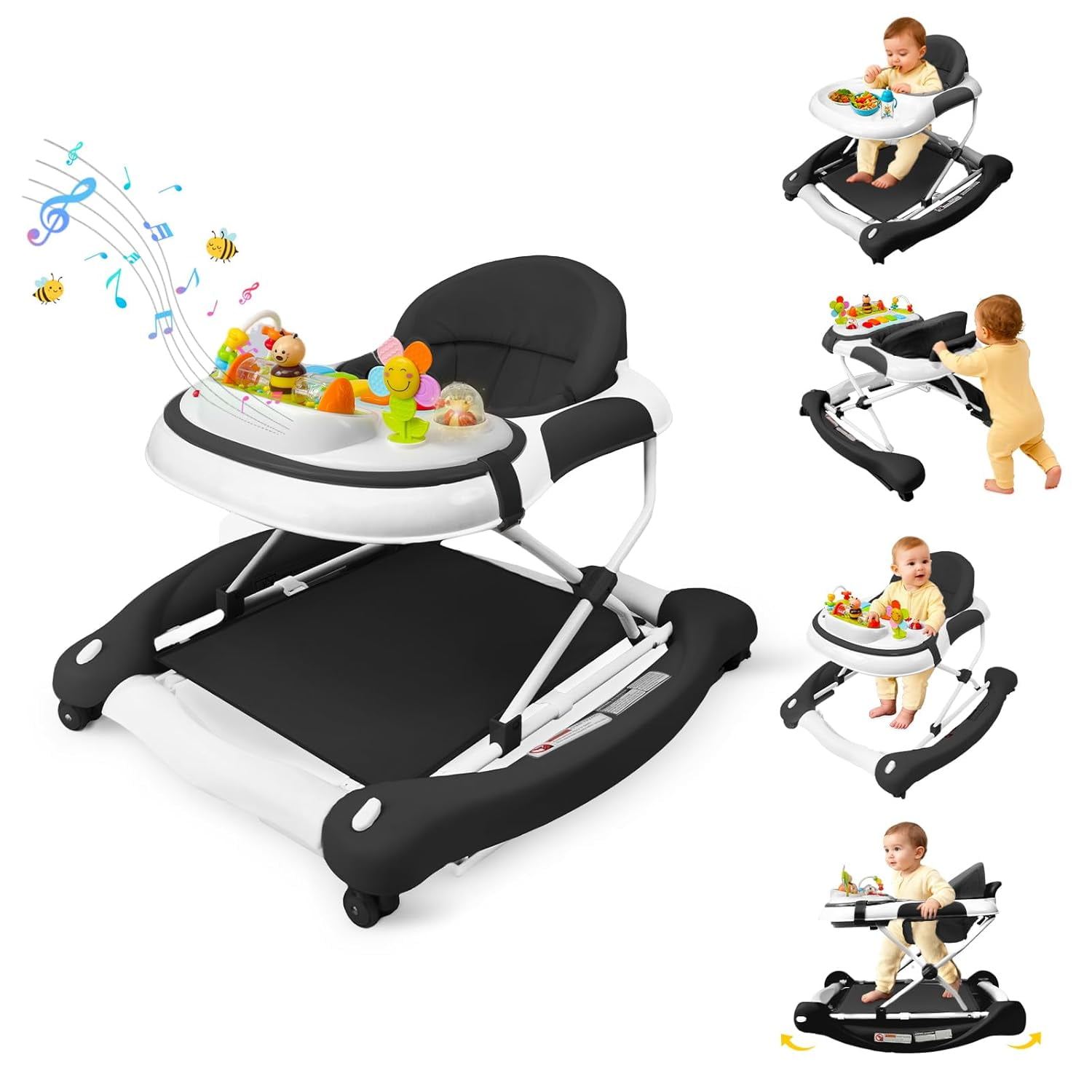 5 in 1 Baby Walker (Walk,Jumper,Rocking,Push,Bouncer) for Boys Girls,Foldable,Music & Light,Height Adjustable,Wheels for Infant Babies,Black