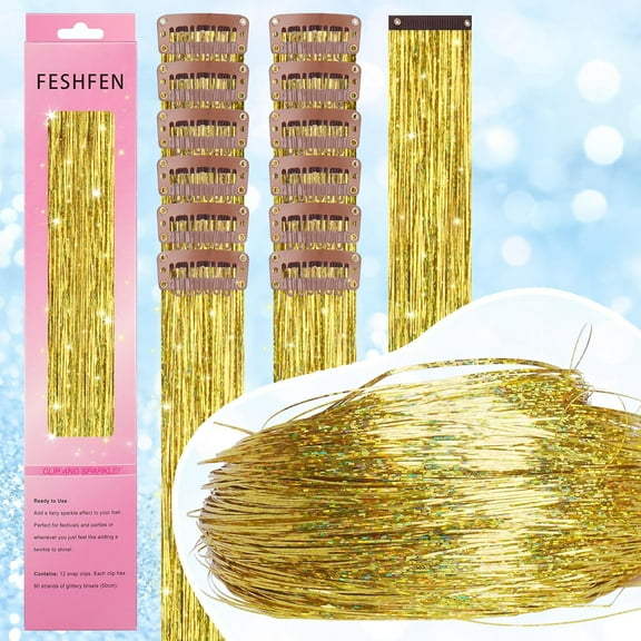 FGERFE-Clip in Hair Tinsel - 12 PCS Gold Clip ins Glitter Tinsel Hair Extensions Sparkle Fairy Dazzle Colorful Accessories Kit for Women 20 Inch