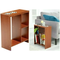 Slim Narrow End Table with Drink Cup Holders - Built-in Shelving- Magazine Shelf Rack-Cellphone Holder- Walnut Wood Finish