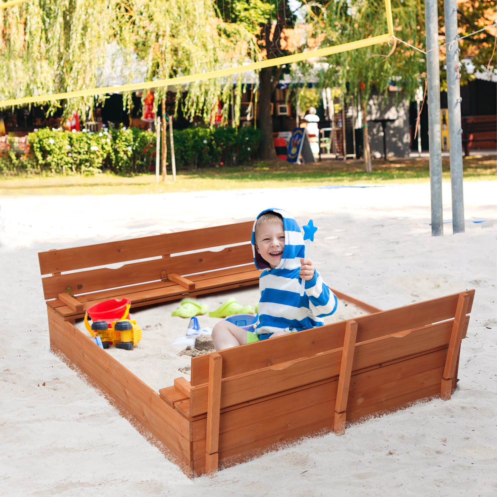 Kids Sandbox with Cover Backyard Outdoor Sand Box Cedar Wood Safe Play Area New 