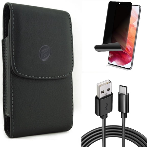 Privacy Screen Protector & 6ft USB Cable & Case Belt Clip for Samsung Galaxy S22 (6.1") - TPU Film Fingerprint Works & Type-C Charger Cord & Leather Holster Accessory Bundle