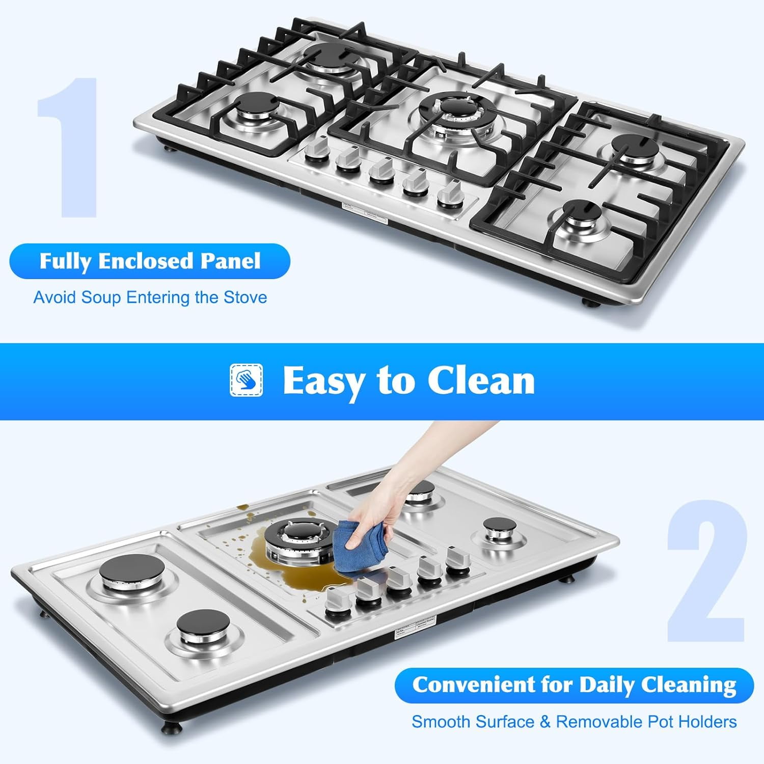 5 Burners Gas Stove 33.86" Built-In Stove Top Gas Cooktop Kitchen Easy To Clean Gas Cooking, Cooktop Cooking Stainless Steel Gas Propane Stove