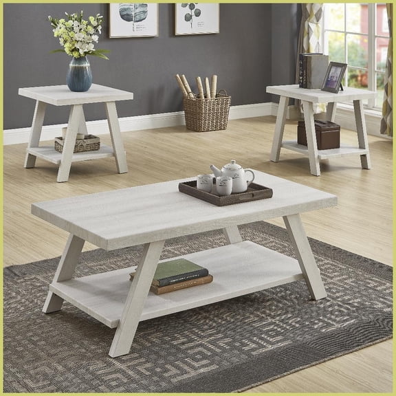 White Contemporary Coffee Table Set with Matching End Tables & Space-Saving Shelf for Living Room