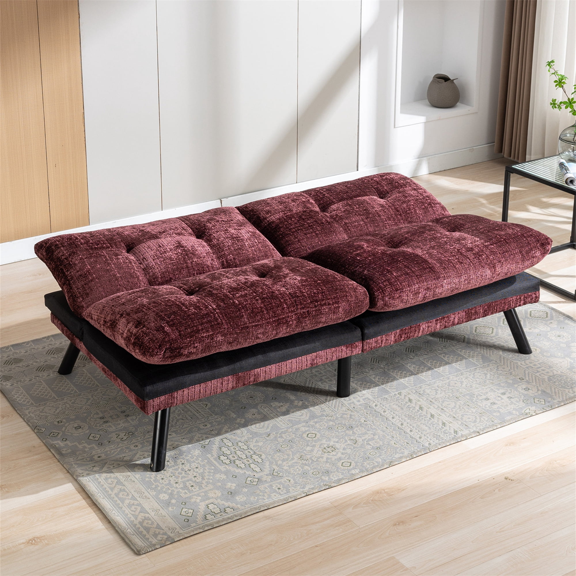 Aukfa 72" Wide Upholstered Futon Convertible Sofa Bed for Home Office, Split Back, Chenille, Red