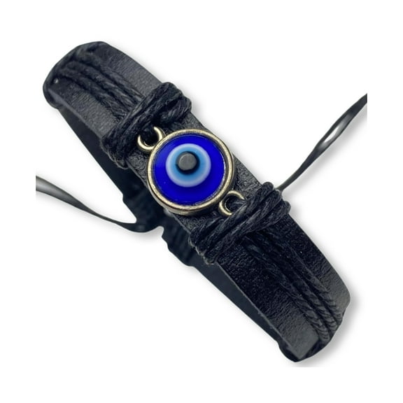 Soul Statement Evil Eye Bracelets for Men, Nazar Charms on a Handmade Black Leather Adjustable Wrap, Hamsa Hand Jewelry