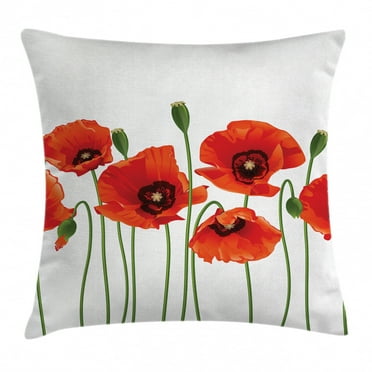 Floral Throw Pillow Cushion Cover, Poppies of Spring Season Pastoral Flowers Botany Bouquet Field Nature Theme Art, Decorative Square Accent Pillow Case, 16 X 16 Inches, Red and Green, by Ambesonne