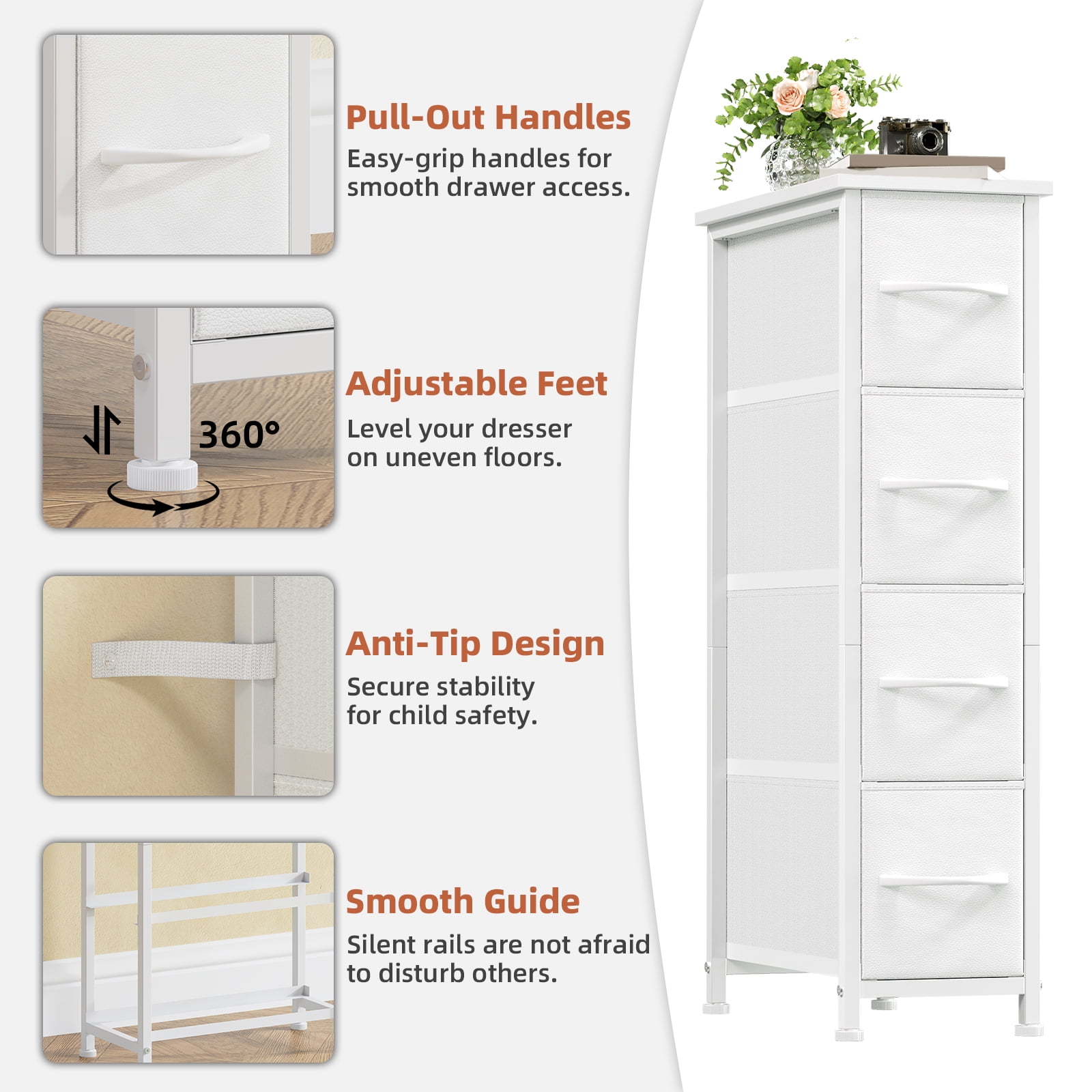 Eunos Narrow Dresser with 4 Slim Drawers for Bathroom Storage Cabinet Hallway, White Leather