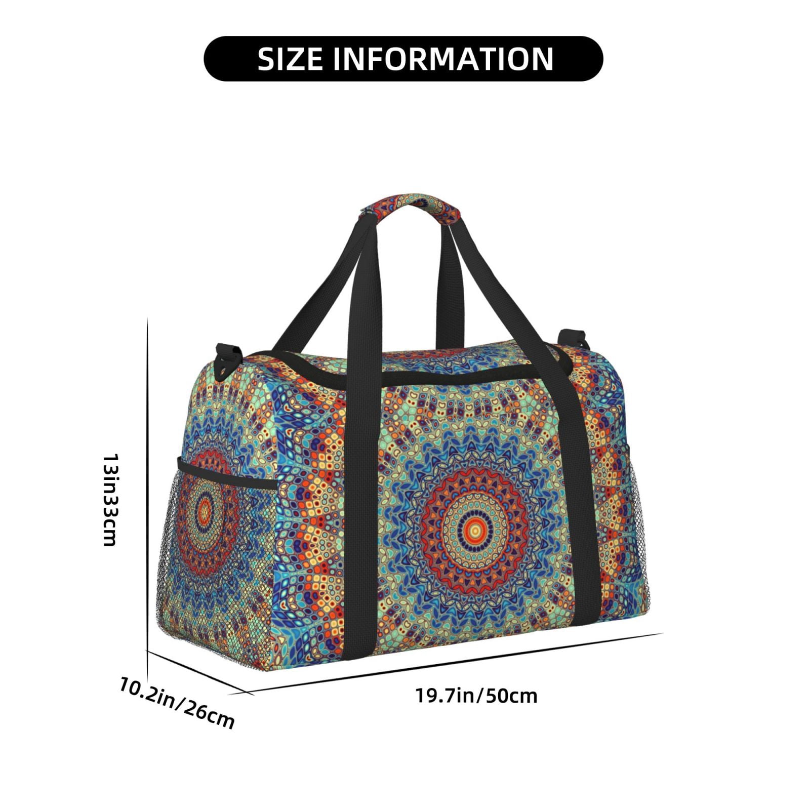 Fuzoiu Round Mandala Print Travel Duffle Bag,Carry On Tote Bags,Duffel Bag,Sport Gym Bag, Hospital Bag for Labor and Delivery, Overnight Bag,Luggage Bag