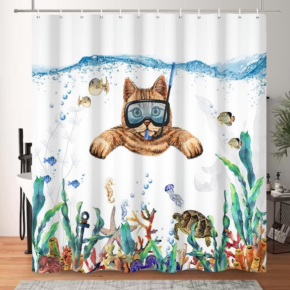 SUNOLIFE Funny Cat with Sea Turtle Shower Curtain Summer Ocean Beach Fabric Bathroom Curtains 72x72 in