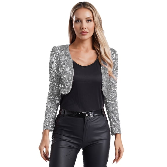 Eandarui Women's Sequin Shrug Bolero Long Sleeve Cropped Blazer Open Front Sparkly Cardigan Jacket Silver M