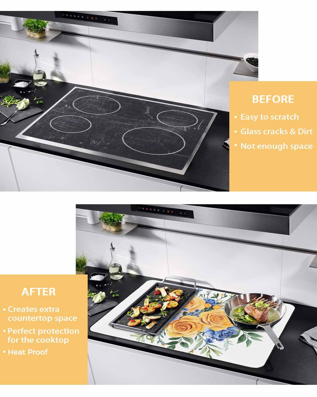 nqOlkjepod Large Induction Cooktop Protector Mat 24"x21", Floral Eucalyptus Leaves Stove Top Covers for Electric Stove, Blue Yellow Garden Flowers Stove Burner Cover Mats, Glass Top Stove Cover