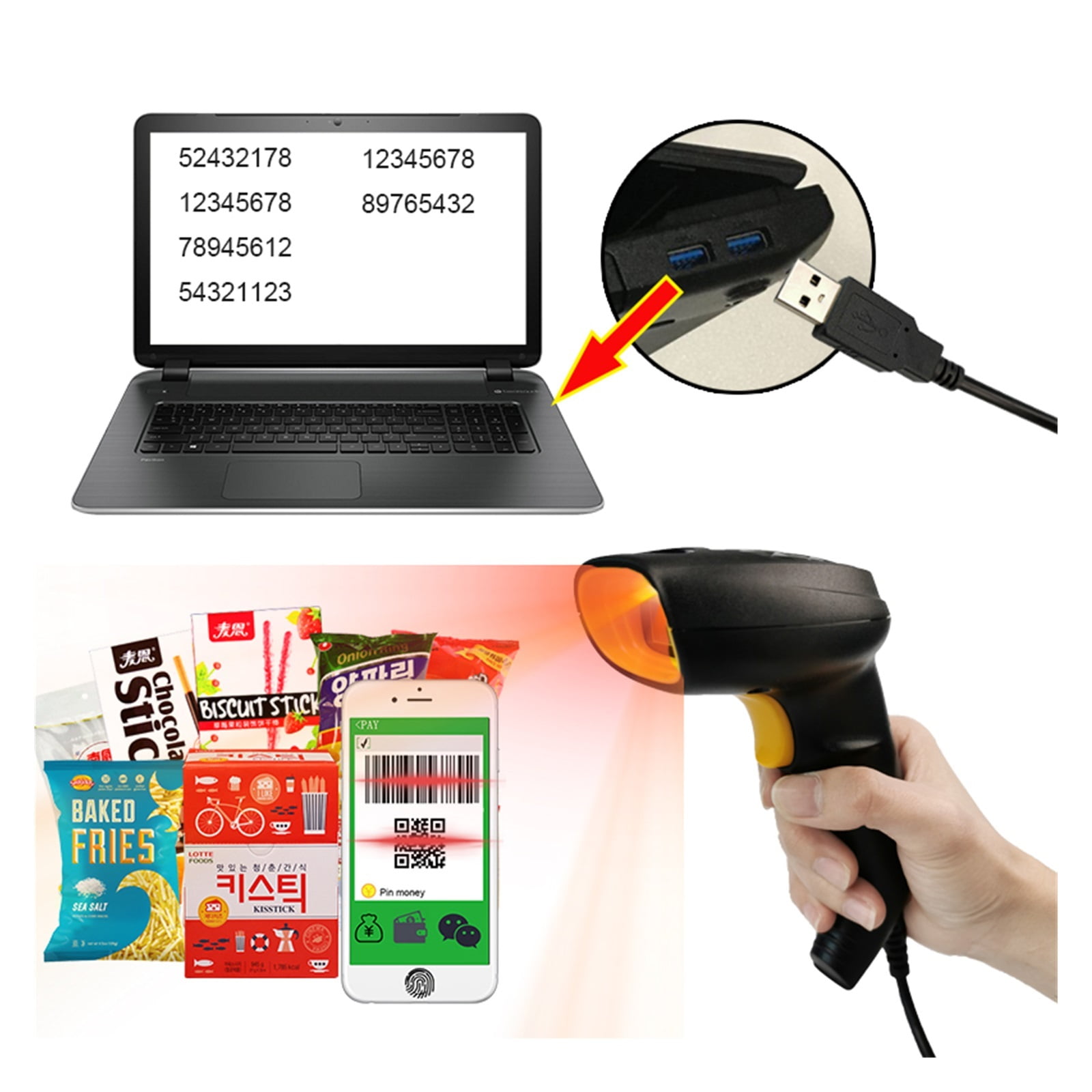 Wired USB Barcode Scanner USB Image Portable Barcode Scanner 1D/2D QR Data Matrix Code Bar Gun For POS System And Inventory ,Easy to Operate
