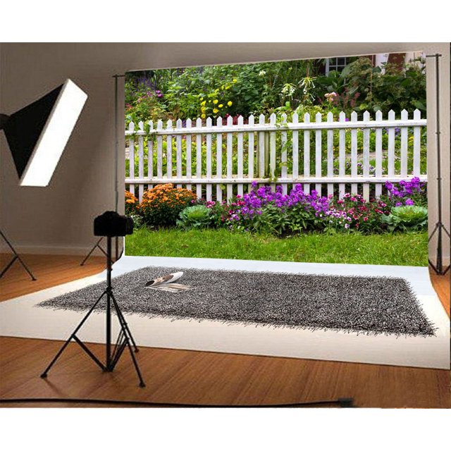Telón de fondo ABPHQTO 150x220cm Valla blanca rodeada de flores de jardín Primavera