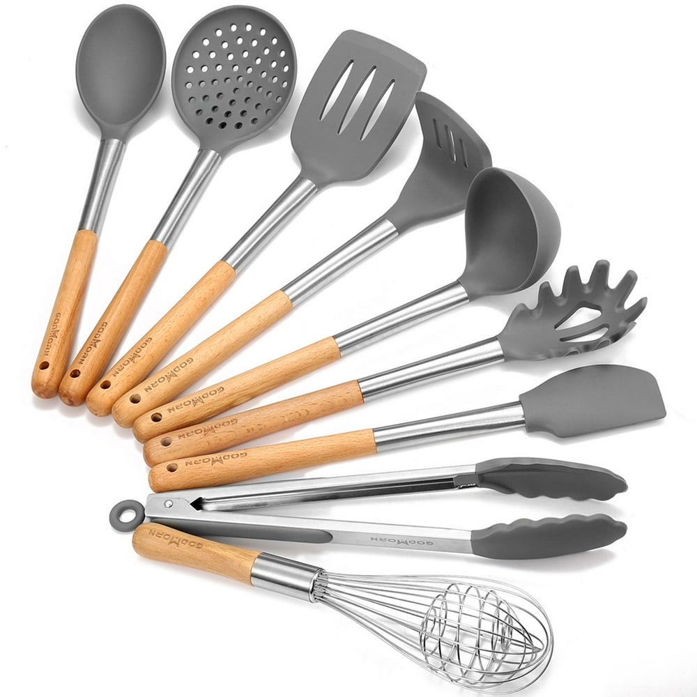 9 Piece Silicone Kitchen Utensil Set, Stainless Steel and Wooden Handle Silicone Utensil Set
