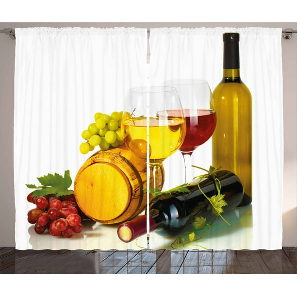 Wine Curtains 2 Panels Set, Composition with Small Barrel Two Types of