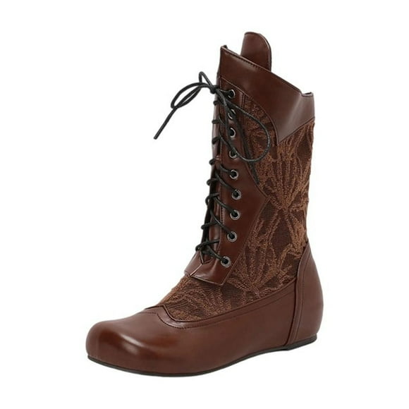 LOVZFMLL Boots for Women Mid Calf Winter Boots Lace Up Round Toe Adjustable Straps Low Block Heel Height Increase Fall Winter