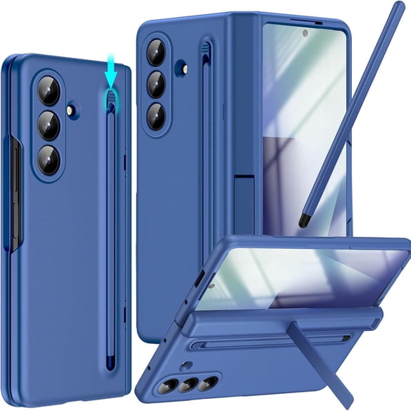 ELEHOLD For Samsung Galaxy Z Fold 7 Case with Screen Protector, Shockproof Rugged Pen Holder Invisible Kickstand Hinge Protection Anti-Scratch Protective Case With Slim S Pen ,Blue