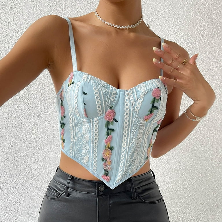 JGGSPWM Women's Lace Floral Embroidered Cami Crop Top Spaghetti Strap Sexy  Camisole Bustier Light Blue L 