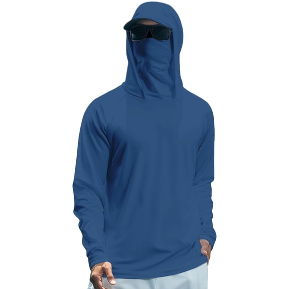 Sun Shirts for Men Long Sleeve Hooded Fishing Shirts Tall Size Hoodie with Mask UPF 50 Cooling Rash Guard Shirt 2XL Blue