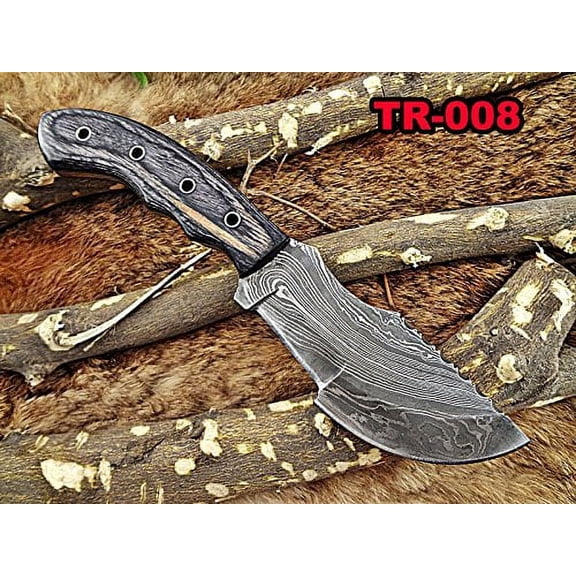 10" Long hand forged twist pattern full tang hand forged Damascus steel tracker knife, dollar wood with holes scale, Cow hide leather sheath