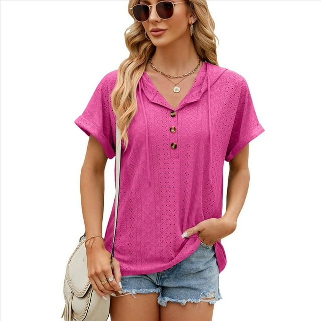 Blusa con Capucha y Botones de Color Liso para Mujer, Blusa Informal de Verano con Cordón Ajustable. Rosa Roja L