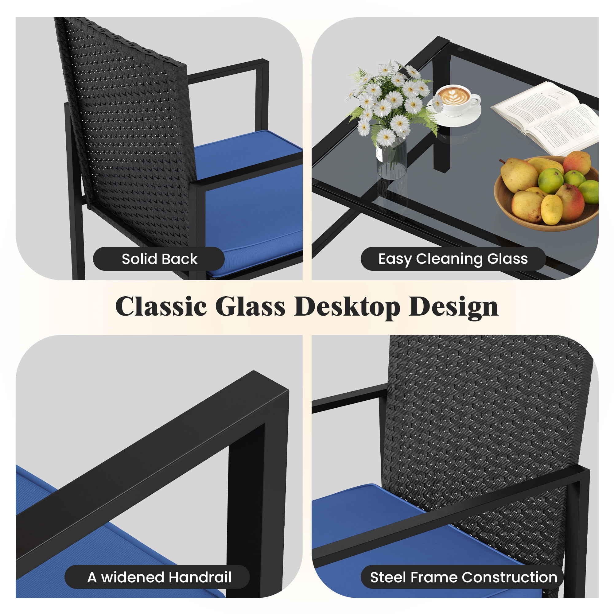ELPOSUN Patio Furniture Sets for 4, 4 Pieces Patio Comversation Set with Glass Coffee Table,for Backyard Balcony Lawn Pool,Black/BLUE