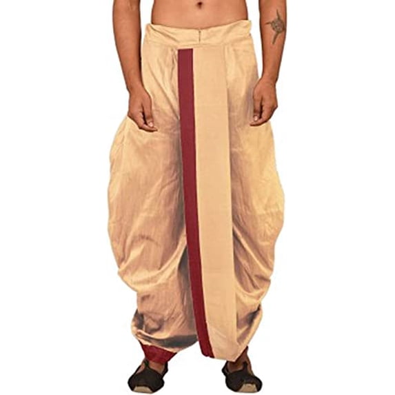 Royal Kurta Men's Silk Blend Solid Dhoti (Gold-Maroon, Free Size)