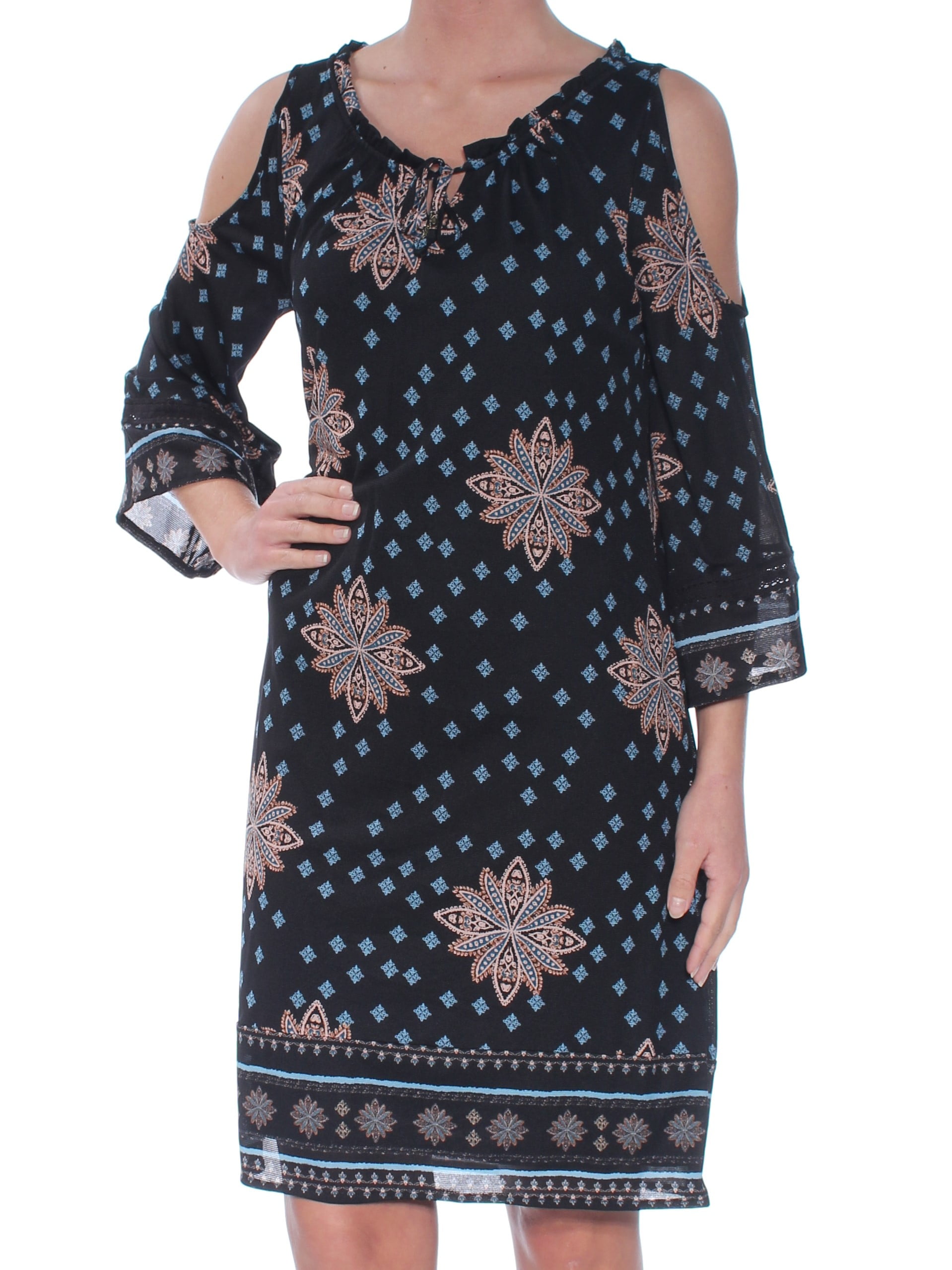 STYLE & CO STYLE & CO Womens Black Nordic Bell Sleeve Jewel Neck Knee
