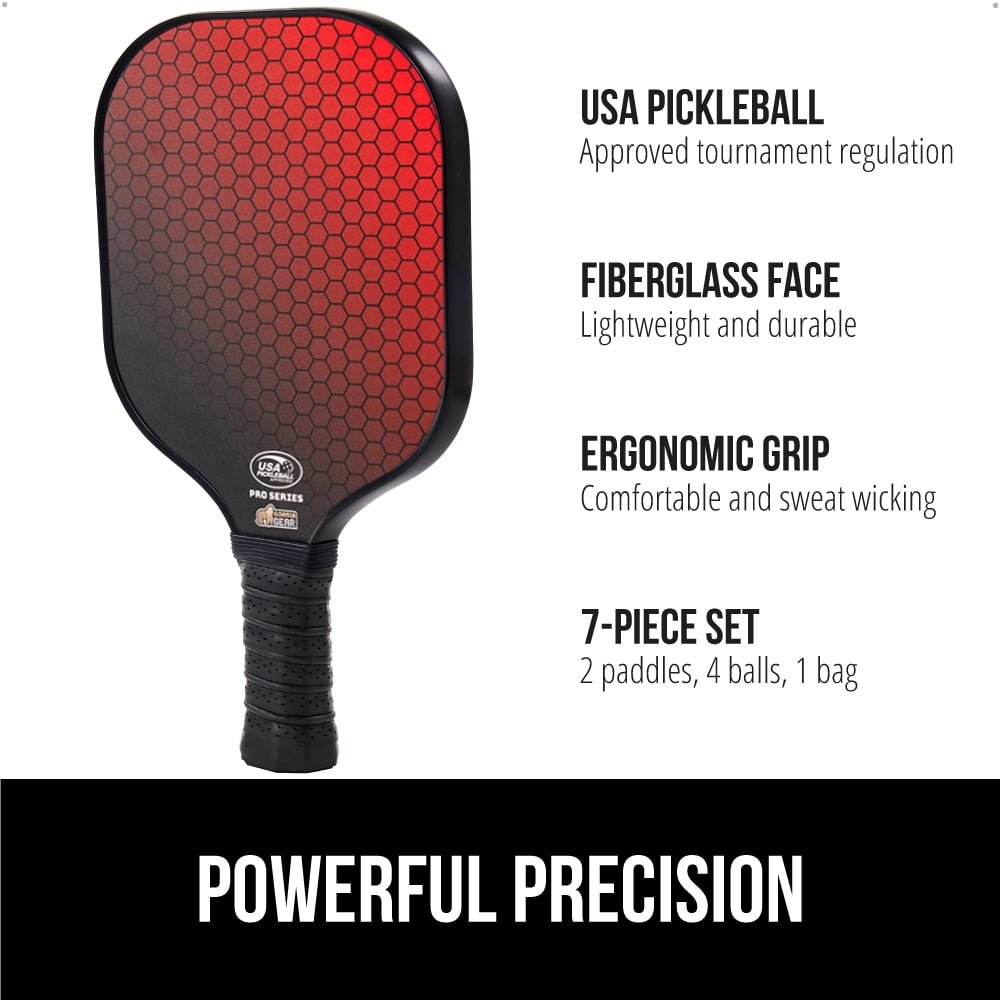 Gorilla Gear Pickleball Paddle Set of 2 with Pickleball Balls, Bag, USAPA Approved Fiberglass Racket, Red
