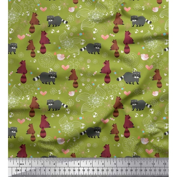 Soimoi Crepe Silk Fabric Bird,Floral & Racoon Cartoon Print Fabric by The Yard 42 Inch Wide