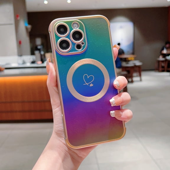 For iPhone 12 Pro Max Magnetic Phone Case,Compatible with Mag-Safe,Electroplated Double Hearts Design,Bling Glitter Dazzling Shockproof Anti-fall Ultra Slim Soft TPU Phone Case Cover,Colorful