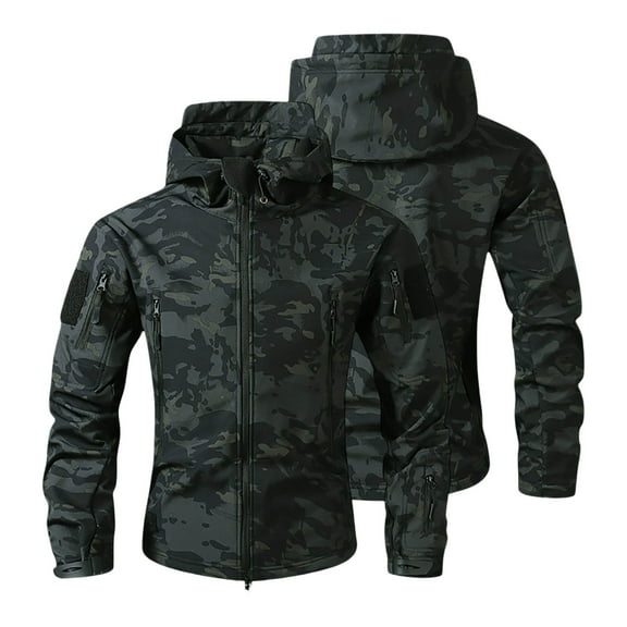 Luwomo Mens' Jackets Mens Zip Up Front Design Long Sleeve Hooded Fleece Camo Print Lined Outerwear Fall Winter Outerwear Tops Black,2XL