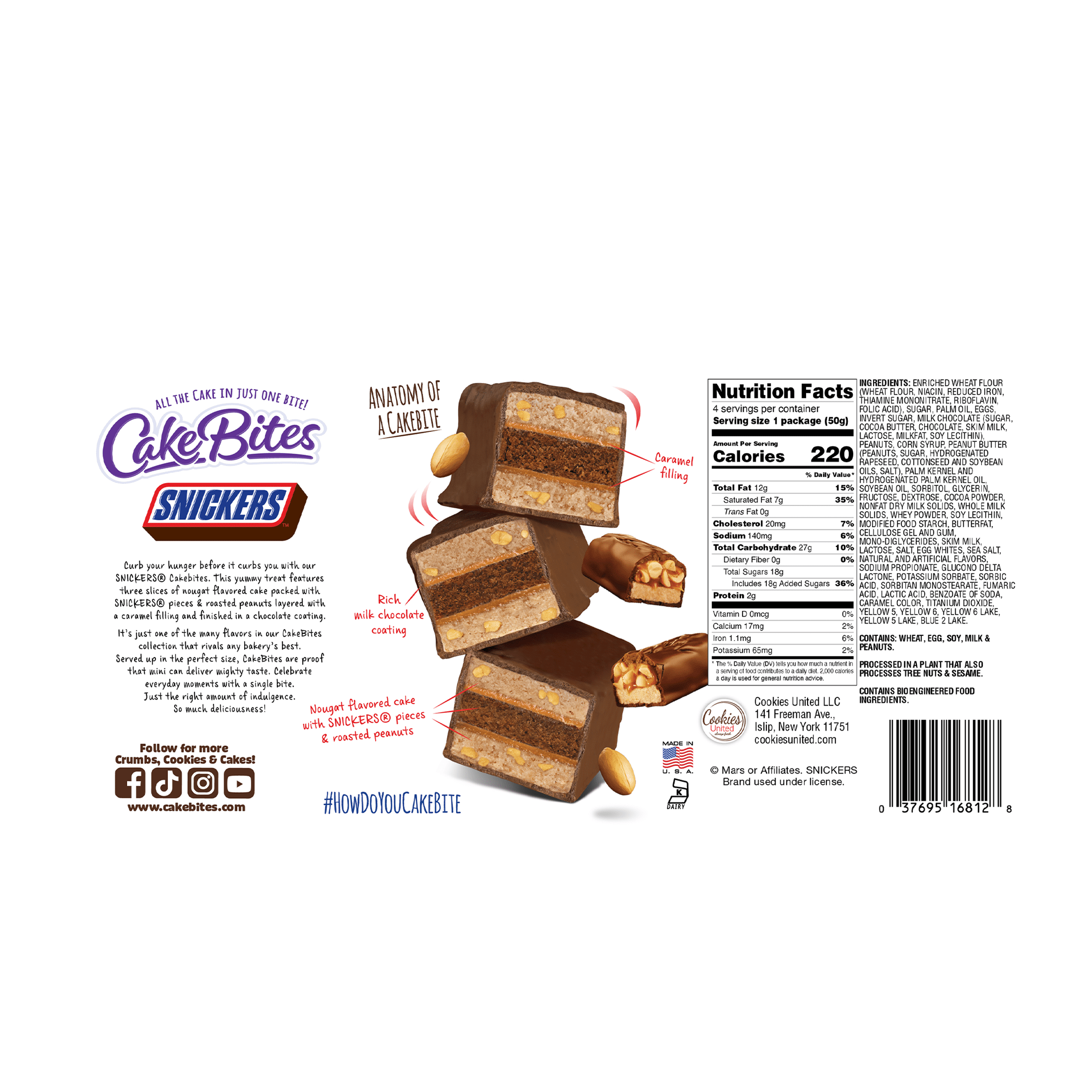CakeBites Snickers, 4 Grab & Go Family Size Mini Cakes, 7oz, Shelf Stable