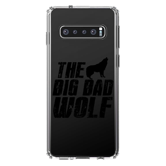 DistinctInk Clear Shockproof Hybrid Case for Samsung Galaxy S10 (6.1" Screen) - TPU Bumper Acrylic Back Tempered Glass Screen Protector - The Big Bad Wolf