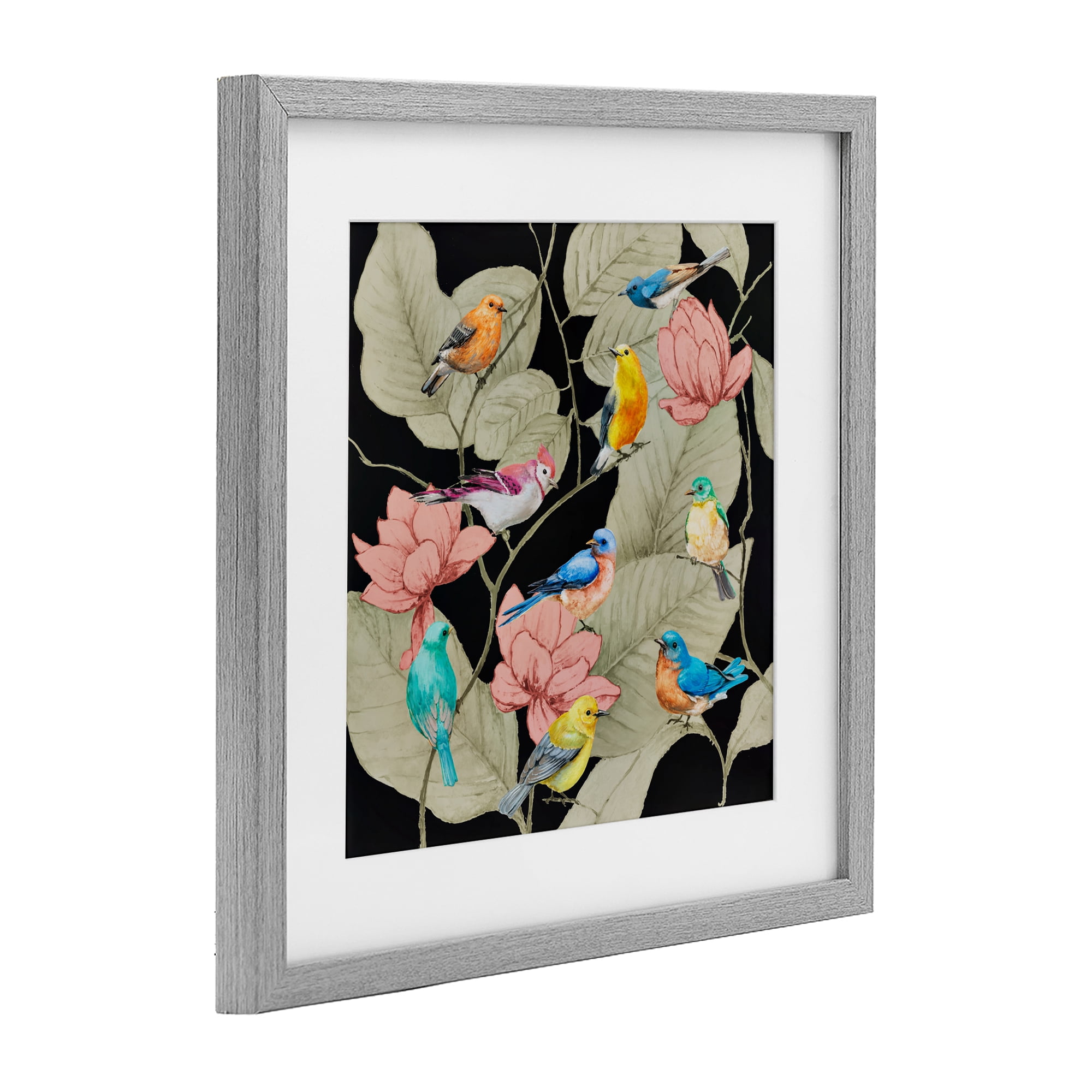 Stupell Industries Colorful Birds & Leaf Motif Gray Framed Print Under Glass, design by Lorenzo Collective