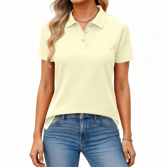 Nestiefly Women Polo Shirts Cotton 3-Button Short Sleeve Collared Tops Summer Cool Shirt Uniform Casual Shirts Beige XXXL