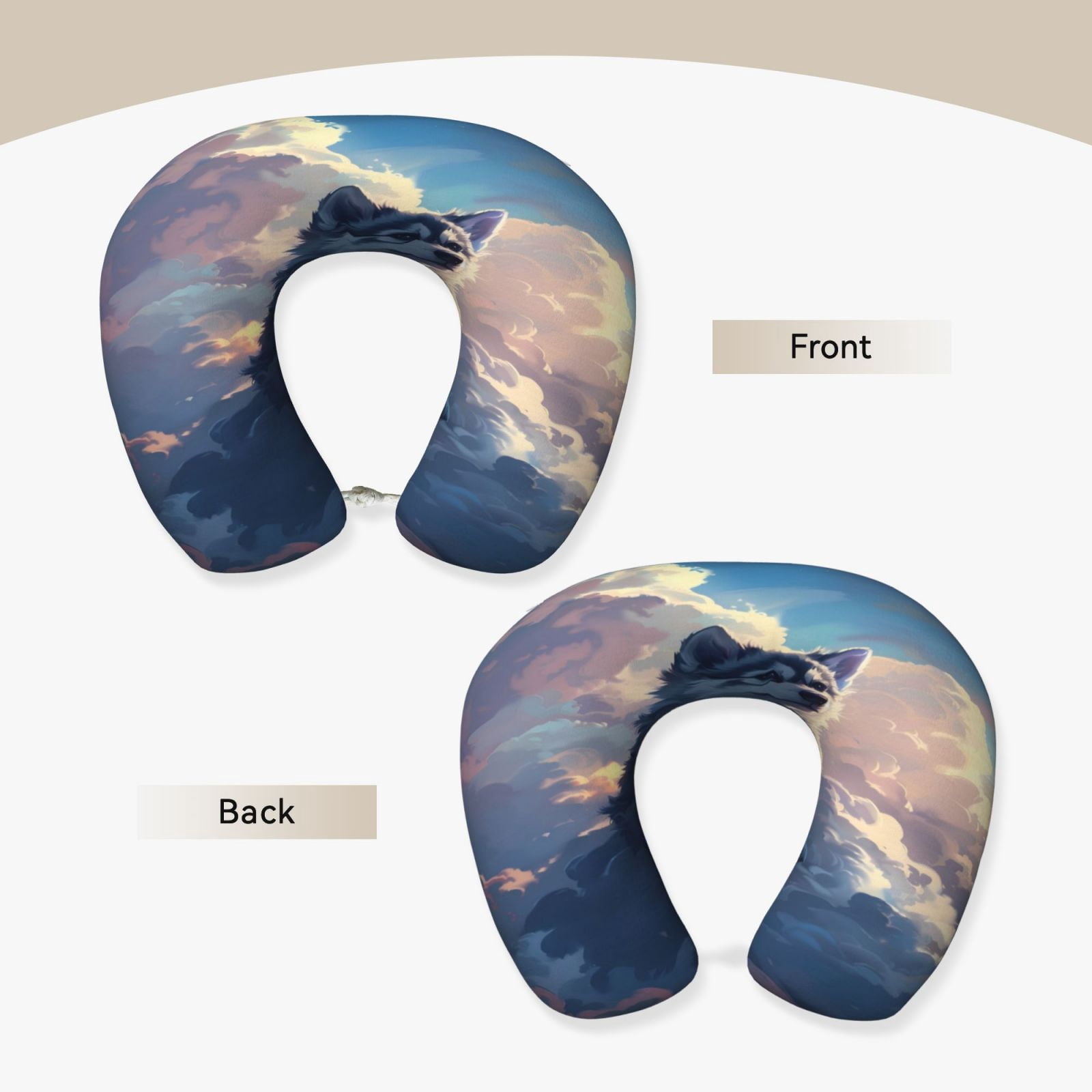 Xecao Cloud Wolf Print Memory Foam Cervical Neck Pillow Versatile U-Shaped Pillows for Home,Office,Camping,Travelling,Soft Washable Cover