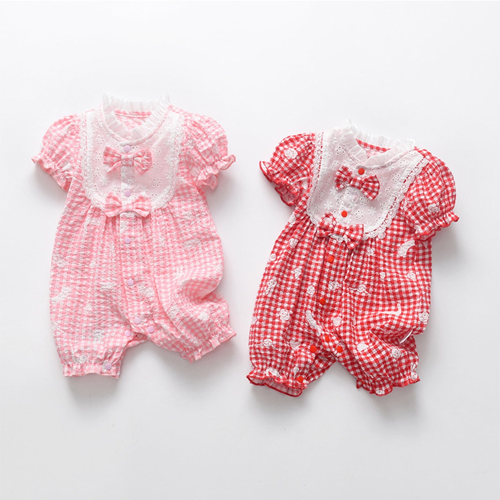 Yuncity Kids Jumpsuit Short Sleeve Crew Neck Plaid Romper Summer Leisure Relaxed Daily Wear Baby Girls Jumpsuit Sized 18-24 Months Pink
