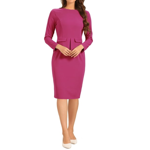 Vestido ajustado de peplum para mujer INSPIRE CHIC, cuello redondo, de manga larga, cintura alta, midi, vestido de trabajo, rosa intenso S