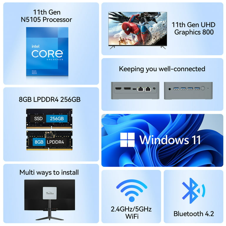 RATEYUSO Mini PC Windows 11 Pro,8GB DDR4 RAM+512GB SSD Intel 11th Gen CPU  N5105 Mini Desktop Computer,Micro PC Support 4K@60Hz Dual Display,WiFi  2.4G/5G,BT4.2,USB 3.0,Gigabit Ethernet 