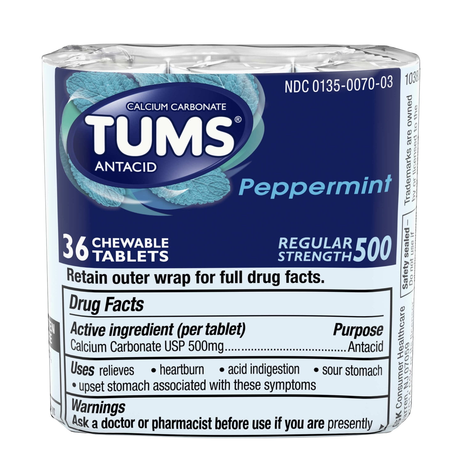 TUMS Antacid Chewable Tablets for Heartburn Relief, Regular Strength