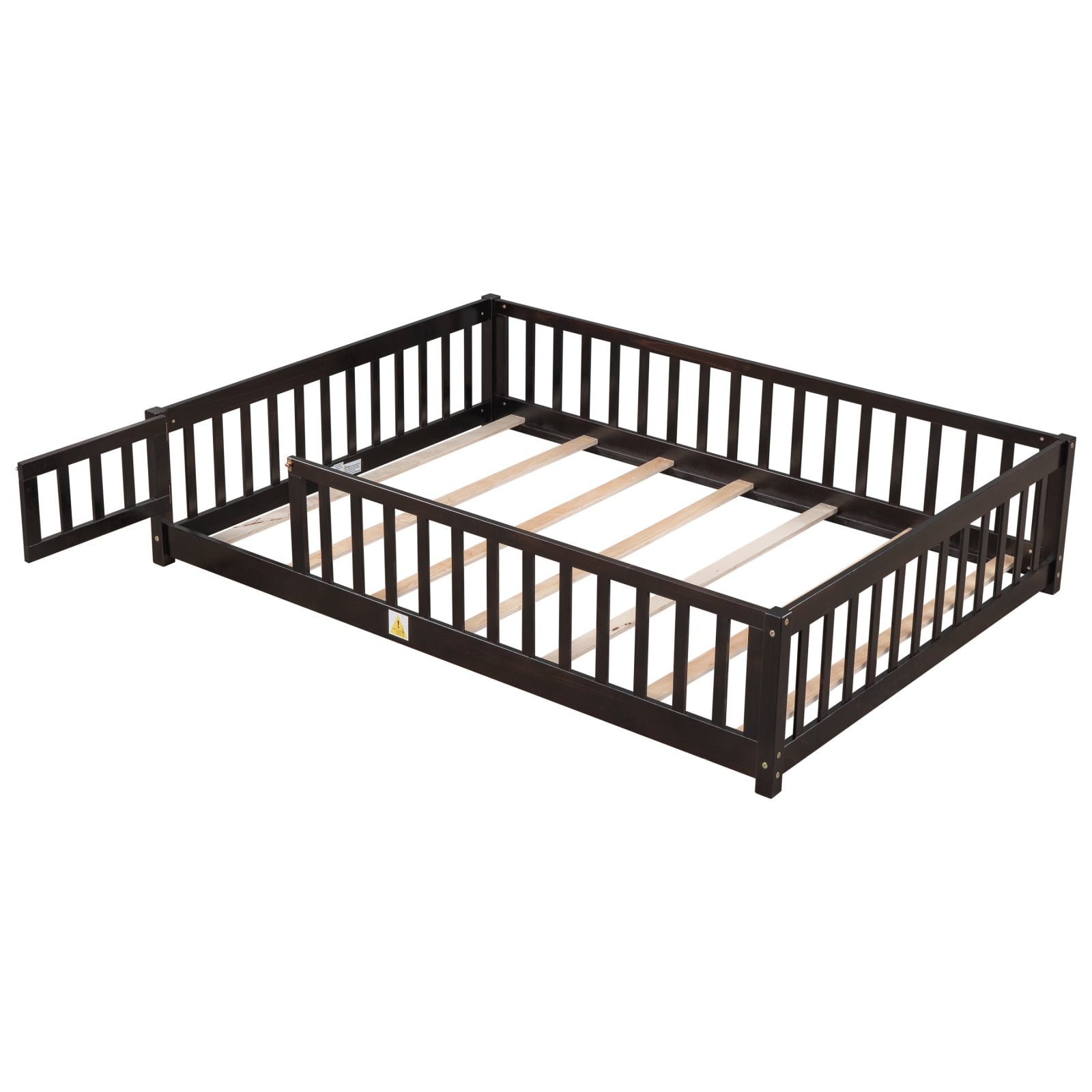 Full Size Floor Bed for Kids, Wood Platform Bed with Fence and Door, Montessori Bed Frame with Slats Support, Playhouse Bed with Door Design, for Toddler, Boys,Girls,No Box Spring Needed,Espresso