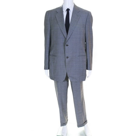 Pre-owned|Canali Mens Plaid Wool Straight Pants Suit Gray Green Size Euro 52 36634 Waist
