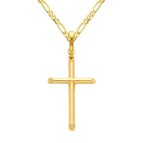 Wellingsale 14k Yellow Gold Polished Classic Cross Charm Pendant with 2mm Figaro Chain Necklace - 16"