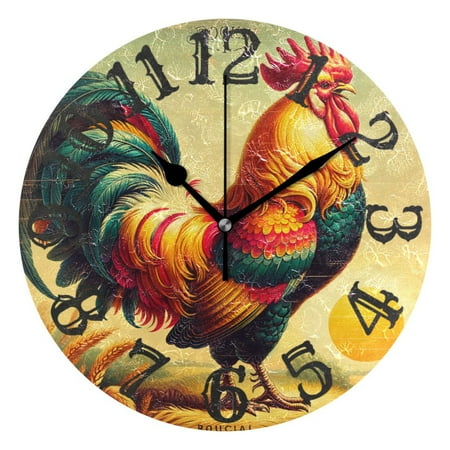 Retro Rooster 10 inch Wall Clocks Non Ticking Easy to Read Battery Decorative for Home Bathroom Kitchen Bedroom Living Room