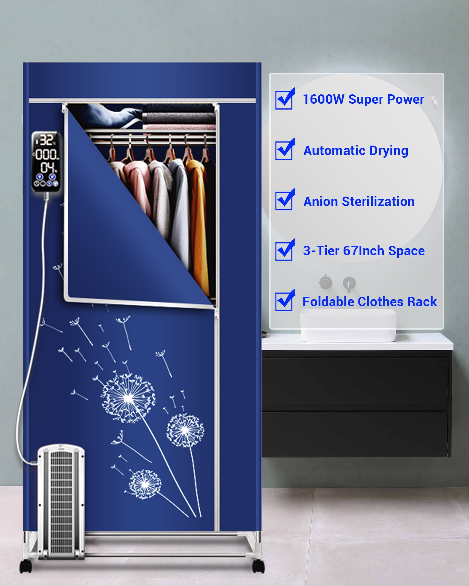 KASYDoFF Portable Clothes Dryer, 1600W-110V Clothes Dryer, 67Inch -3 Tier Foldable Clothes Dryers Rack, Energy Saving Portable Dryer for Apartment, Indoor, Travel, RV,Blue