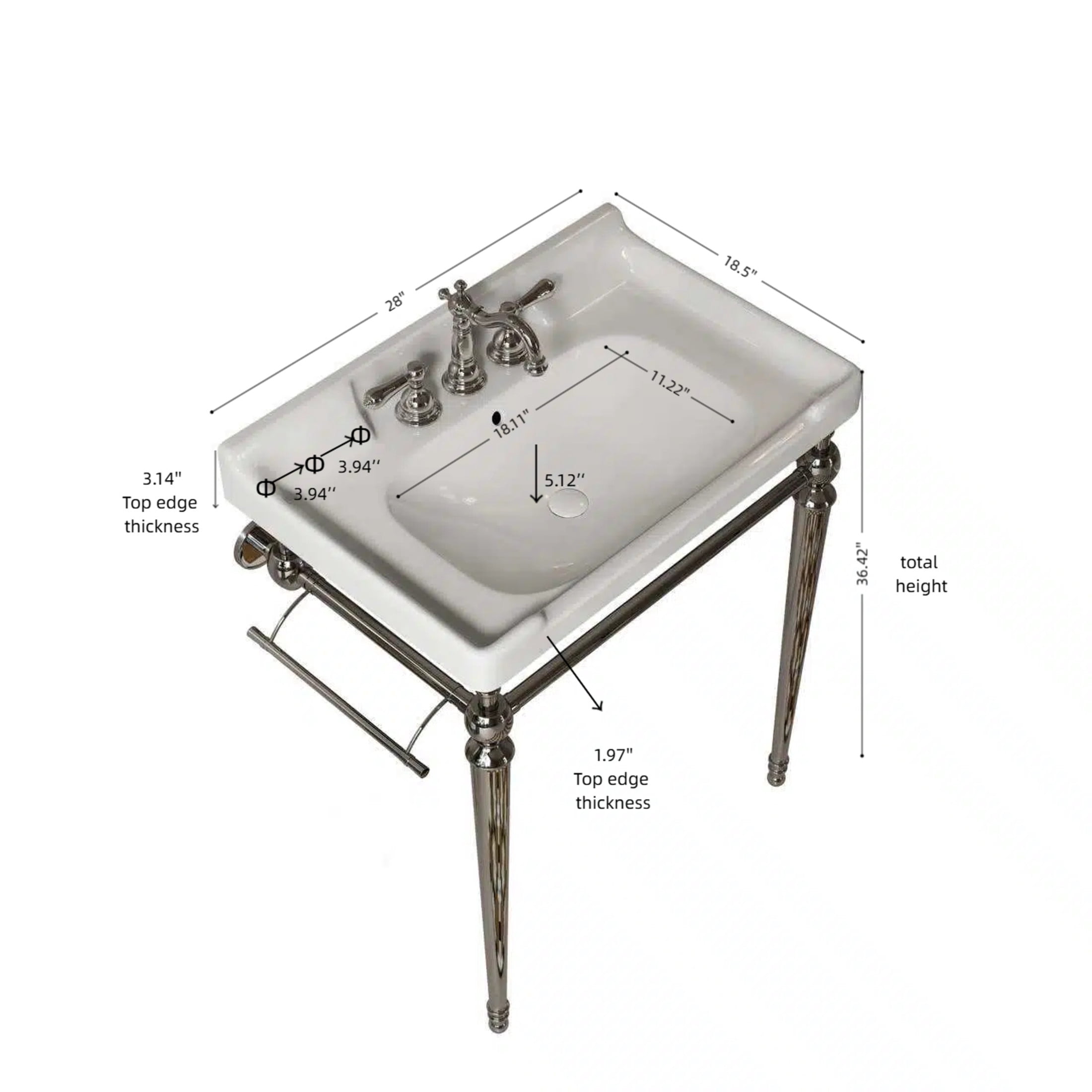 Noble House VICI 28" Bathroom Console Sink, Wall-Mounted Ceramic Basin Vanity with Stainless Steel Legs, White & Chrome