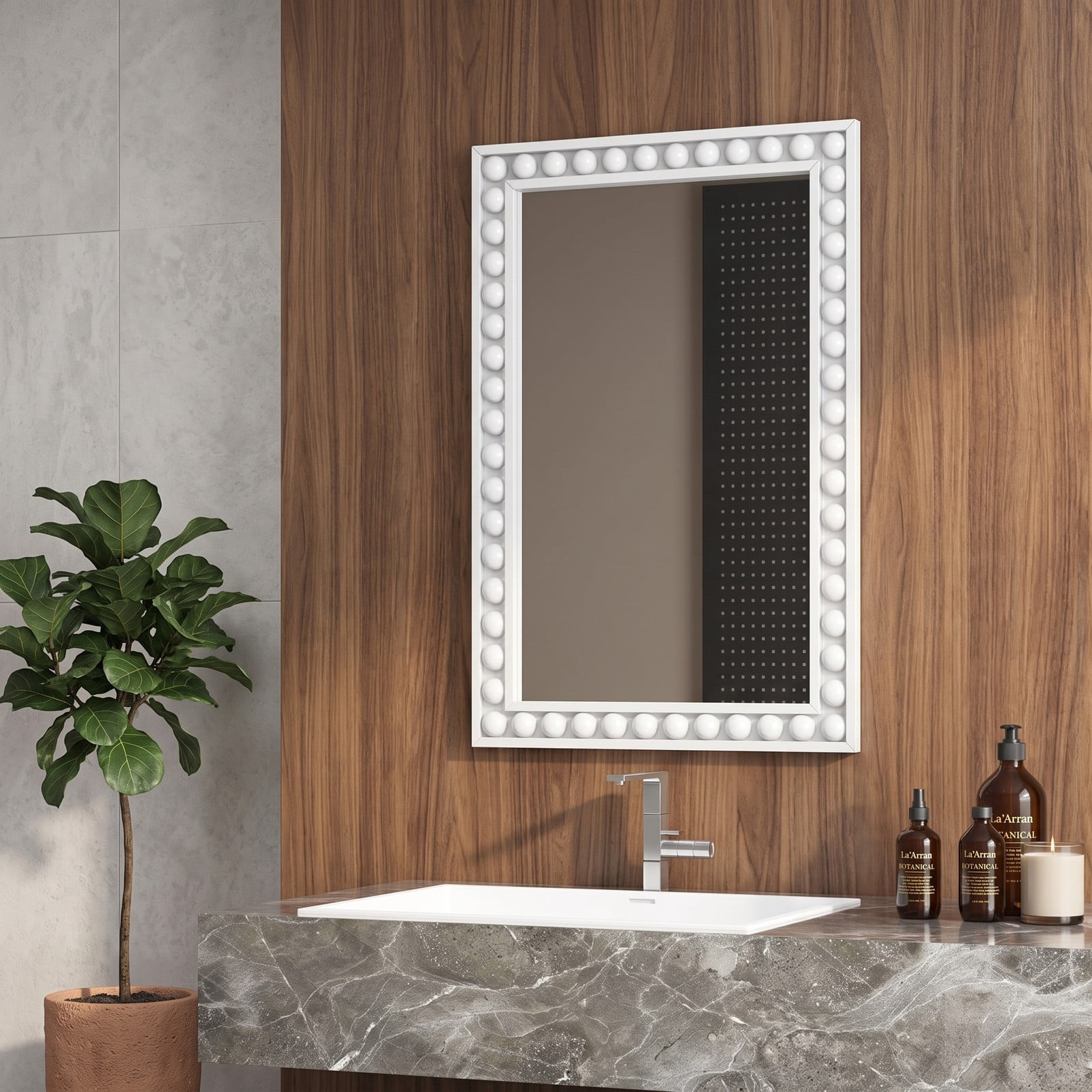 ALPULON 24 x 36 Inch Rustic Wall Mirror with Solid Wood Beaded Frame, Rectangle Vanity Mirror for Living Room Bedroom Bathroom Entryway Wall Decor, White